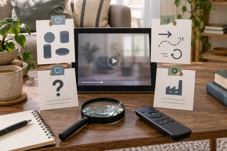 Desk with a blurred video on a monitor, pinned identification cards, a remote control, notebook, and magnifying glass