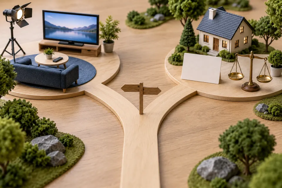 Miniature forked path leading left to a television scene and right to a house and balance scale