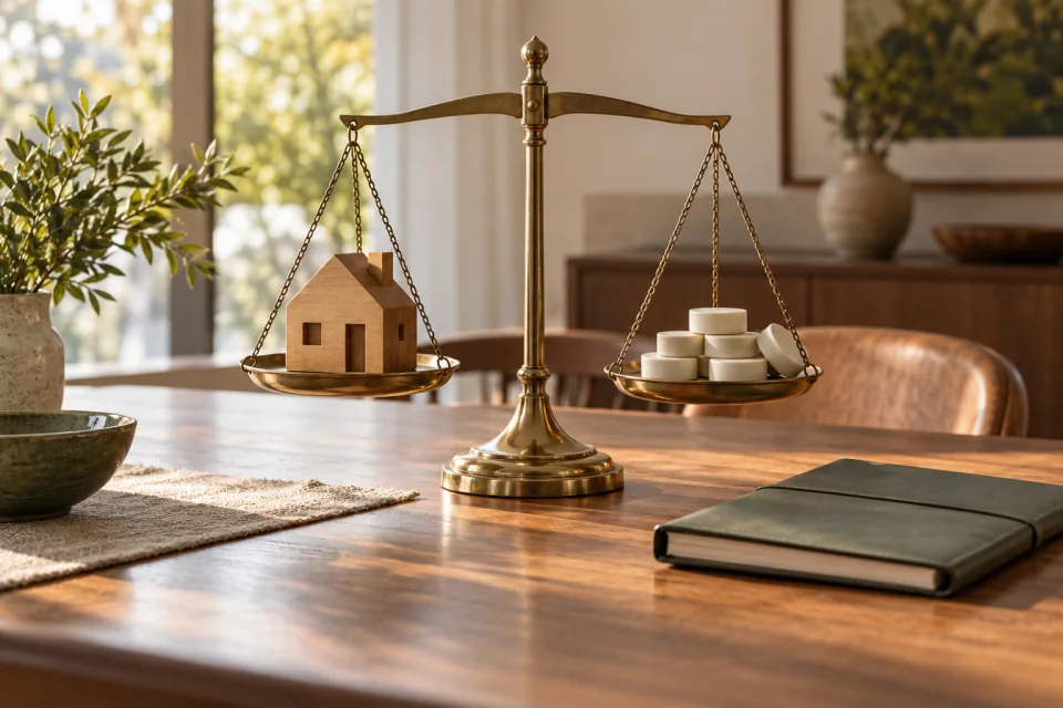 AI-generated editorial still life of a brass balance holding a miniature house opposite blank ceramic tokens beside a closed notebook.