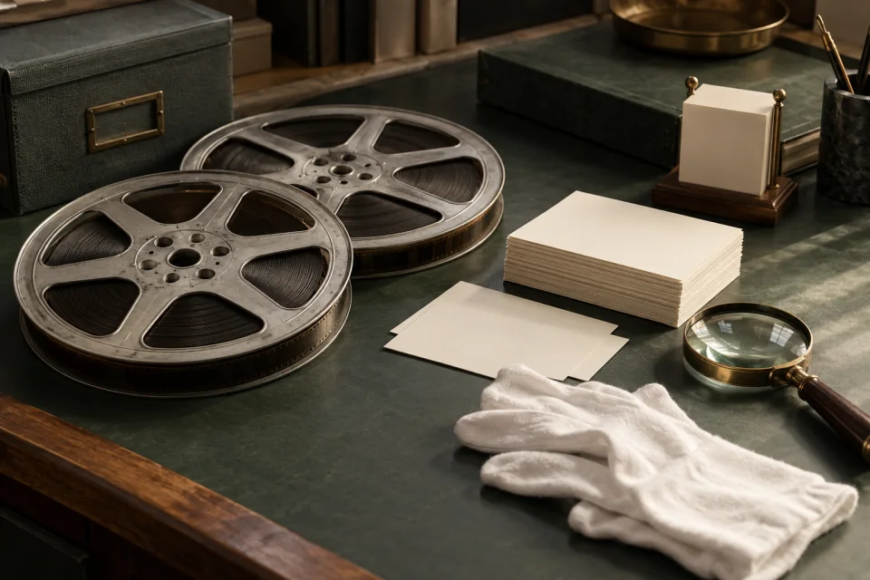 AI-generated editorial media archive with two unlabeled film reels, blank index cards, cotton gloves, and a magnifying glass.