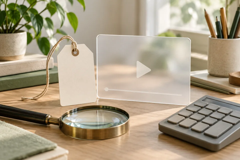 AI-generated editorial still life with an unmarked price tag, a blank translucent media frame, a calculator with blank keys, and a magnifying glass.