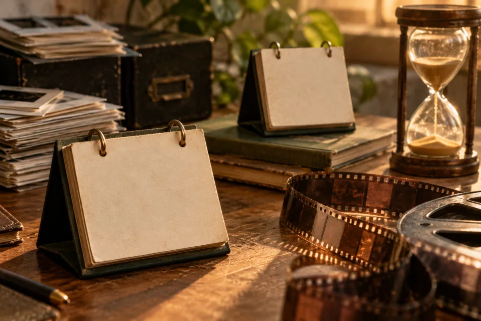 AI-generated editorial media desk with two blank calendar blocks, a loop of film, stacked photo sleeves, and an hourglass.