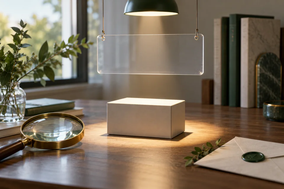 AI-generated editorial scene with a translucent blank disclosure label above a spotlighted unmarked box, a magnifying glass, and a sealed envelope.