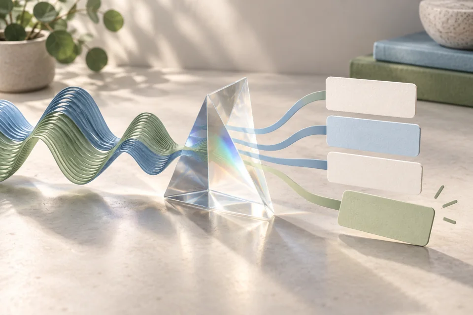 AI-generated editorial concept of a ribbon-like sound wave passing through a glass prism and emerging as several blank caption tiles.