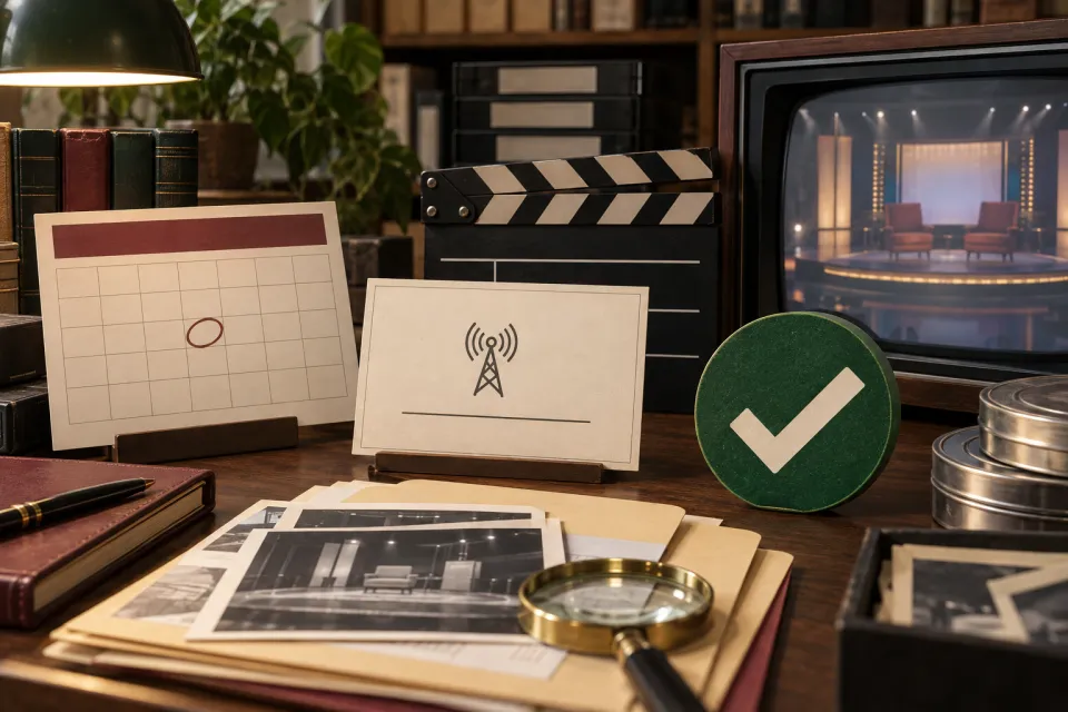 Library desk with a small stage image on a monitor, clapperboard, date card, verification symbol, photos, and magnifying glasses