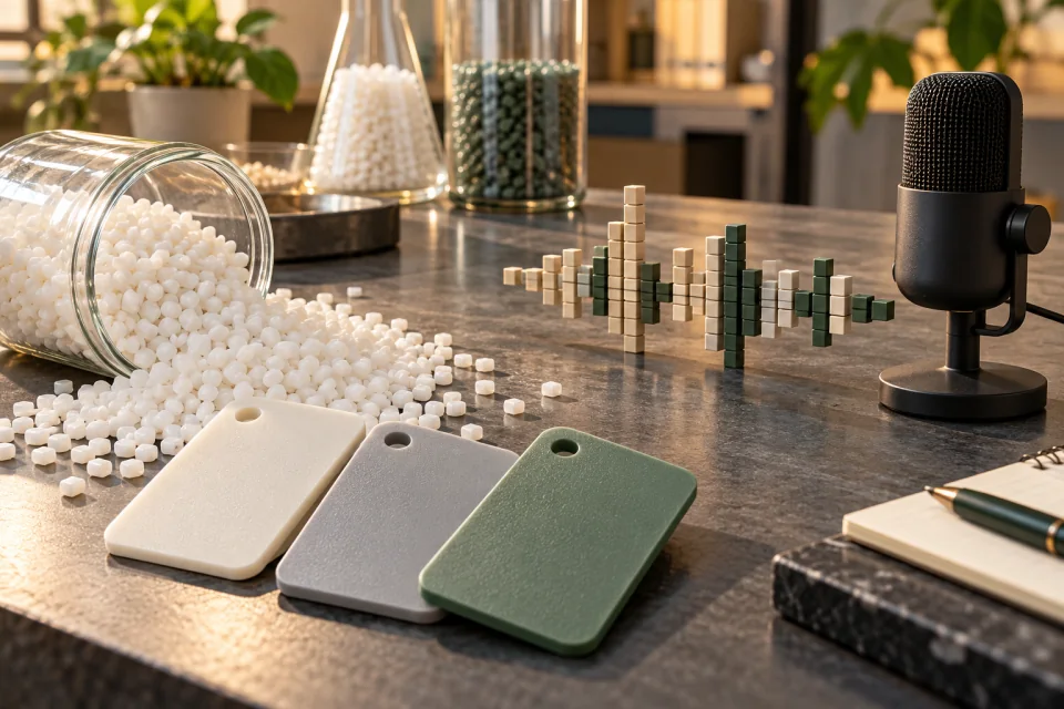 AI-generated editorial materials desk with plastic pellets, molded sample tiles, a microphone, and an abstract waveform made from small blocks.