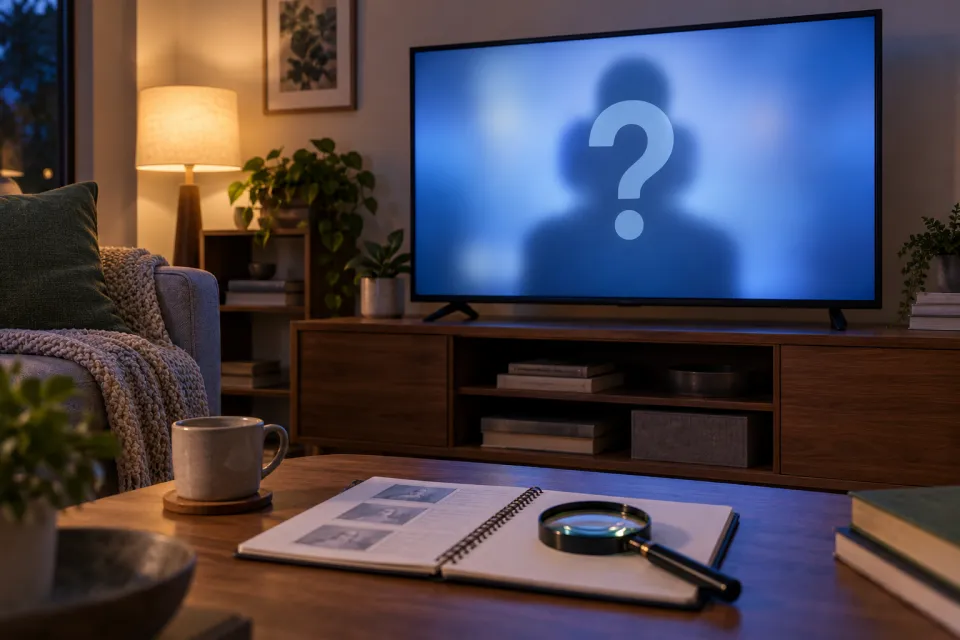 Living-room television showing a blurred figure and question mark above a notebook and magnifying glass