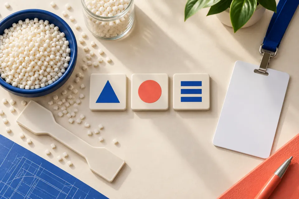 Top-down materials desk with white polymer pellets, three abstract symbol tiles, blank sample pieces, blueprint, caliper, and pencil