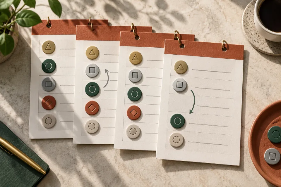 Four notebook pages with colored ranking tokens and curved arrows showing changes from one page to the next